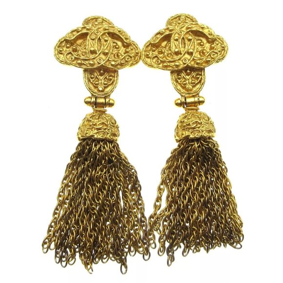Chanel Fringe Dangle Earrings Clip-On Gold 94A - Picture 1 of 5
